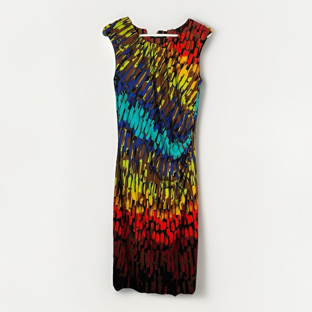 Ellen Tracy Sleeveless Dress‎ Size 8 Rainbow Knee Length Ruched Bodycon Lined